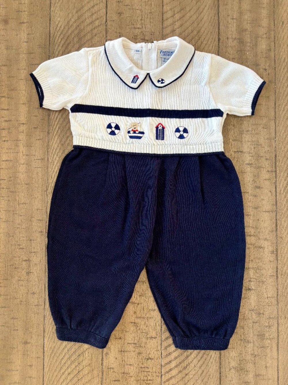 Friedknit Creations Baby Boy 6M Hand Smocked Nautical Sailor Romper 100% Cotton